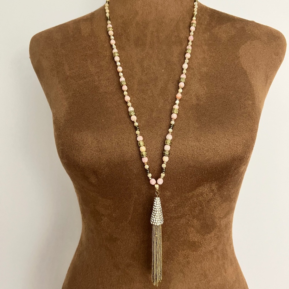 Pink Beaded Long Tassel Necklace Gold Toneβ Rhinestone 28 Inch Cottagecore